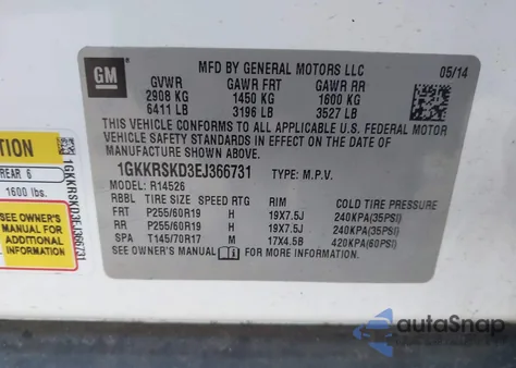 2014 GMC Acadia Slt-2 z USA, uszkodzony, nr VIN 1GKKRSKD3EJ366731